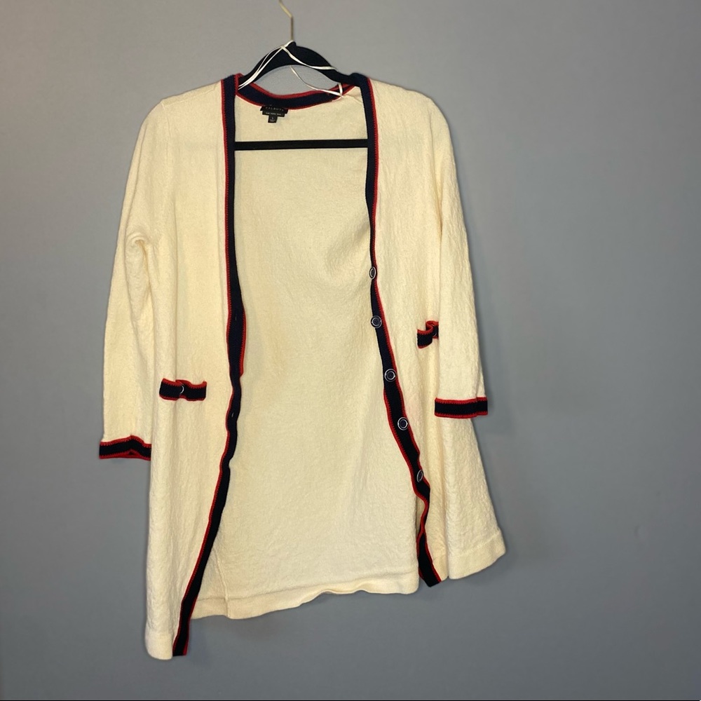 Talbots red cream and blue cardigan